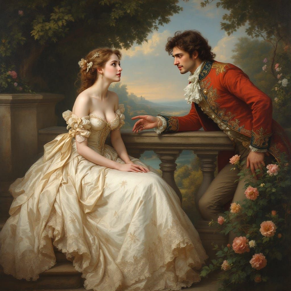 Elegant Noblewoman in Rococo Garden, Charmed by Nobleman's G...
