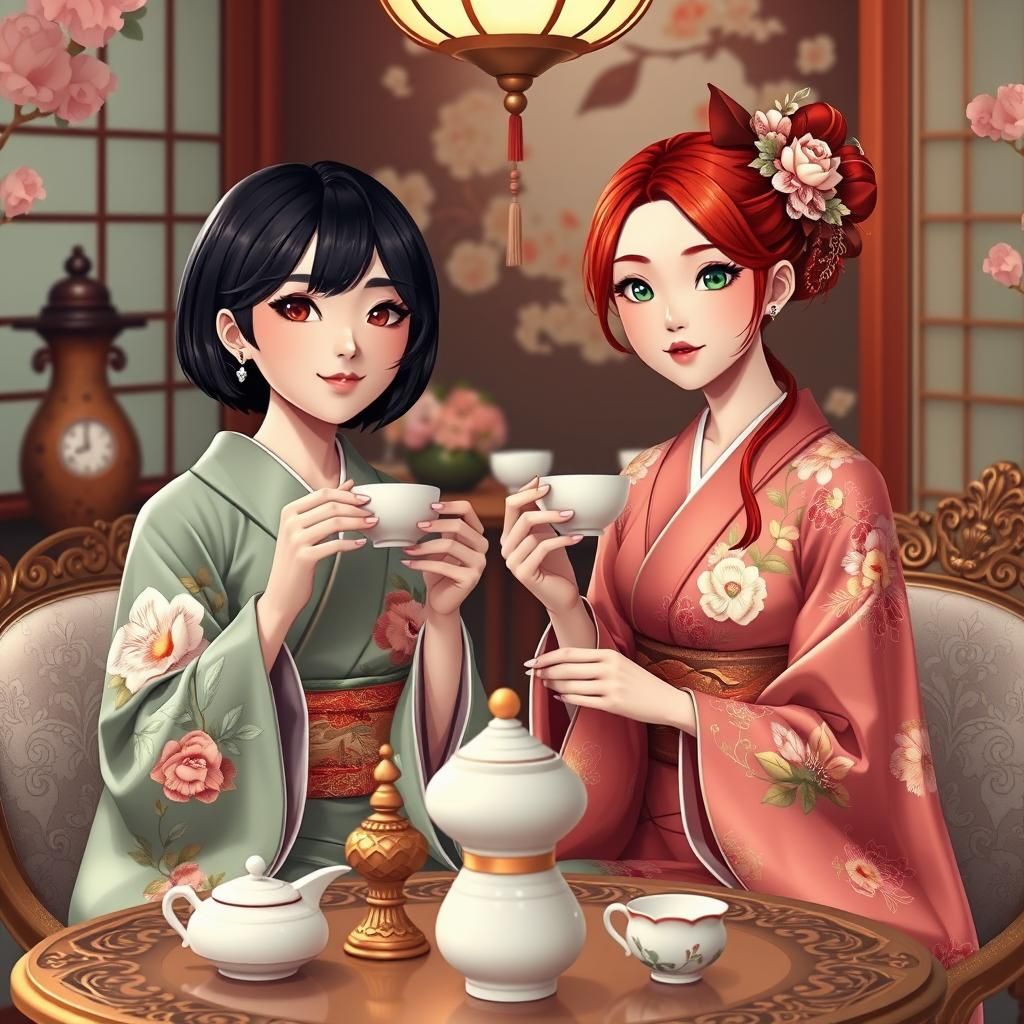 Anime Tea Party with Women in Flowered Yukata