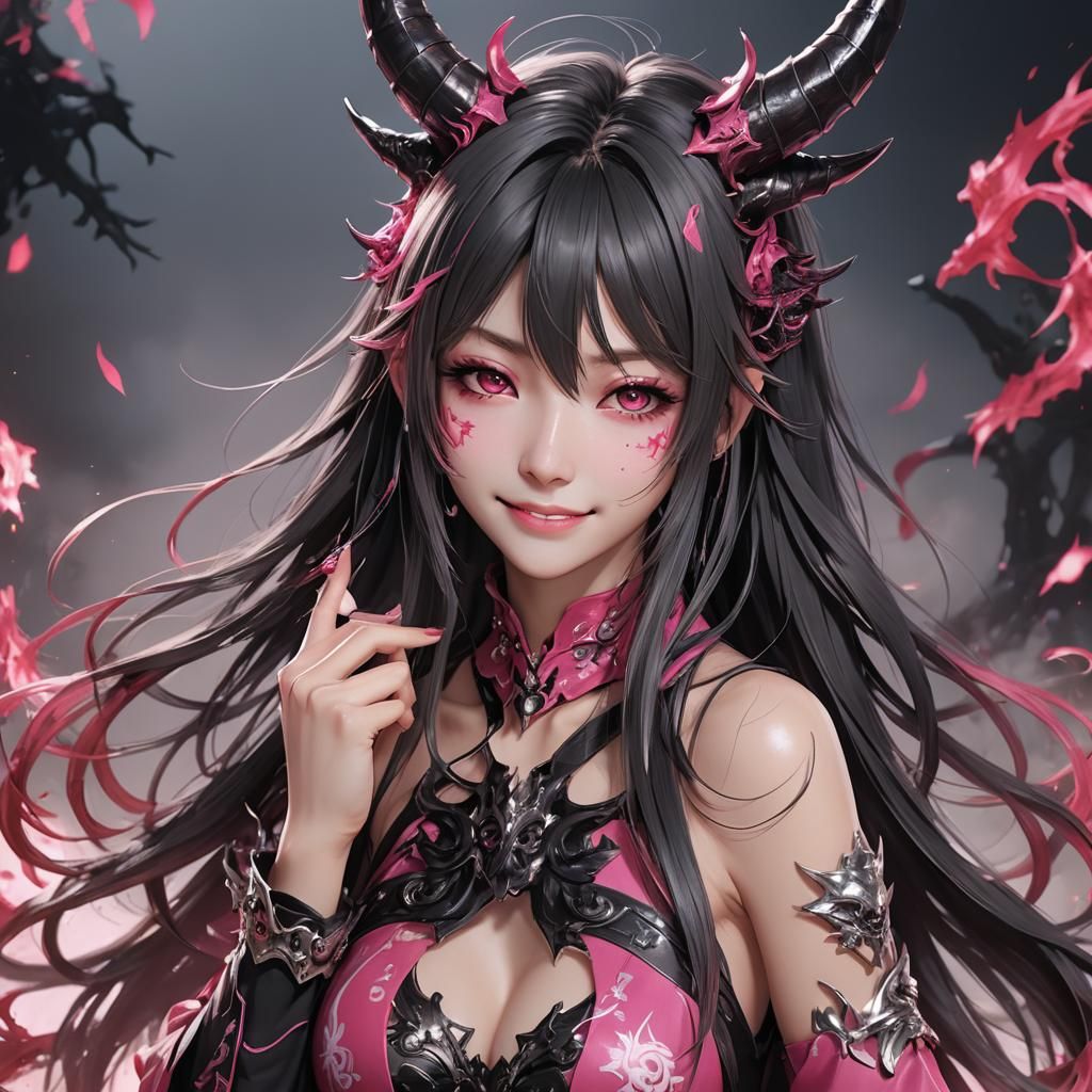 Demon Woman in Anime Style with Hot Pink Highlights