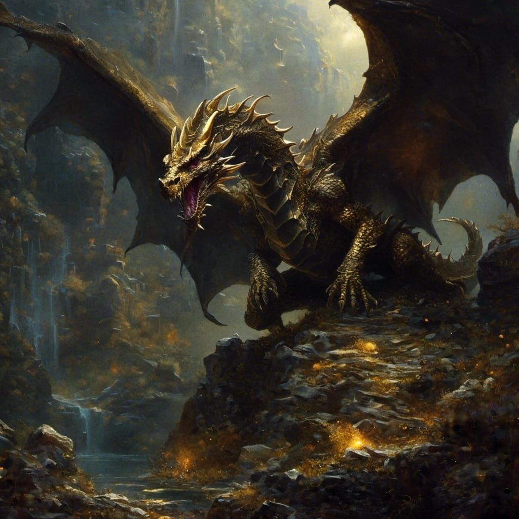 Dragon in Dark Lair with Gold and Gems