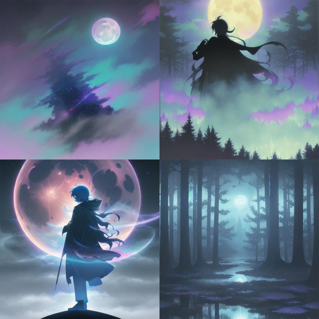 Cosmic Moon Over Foggy Forest: Anime Style