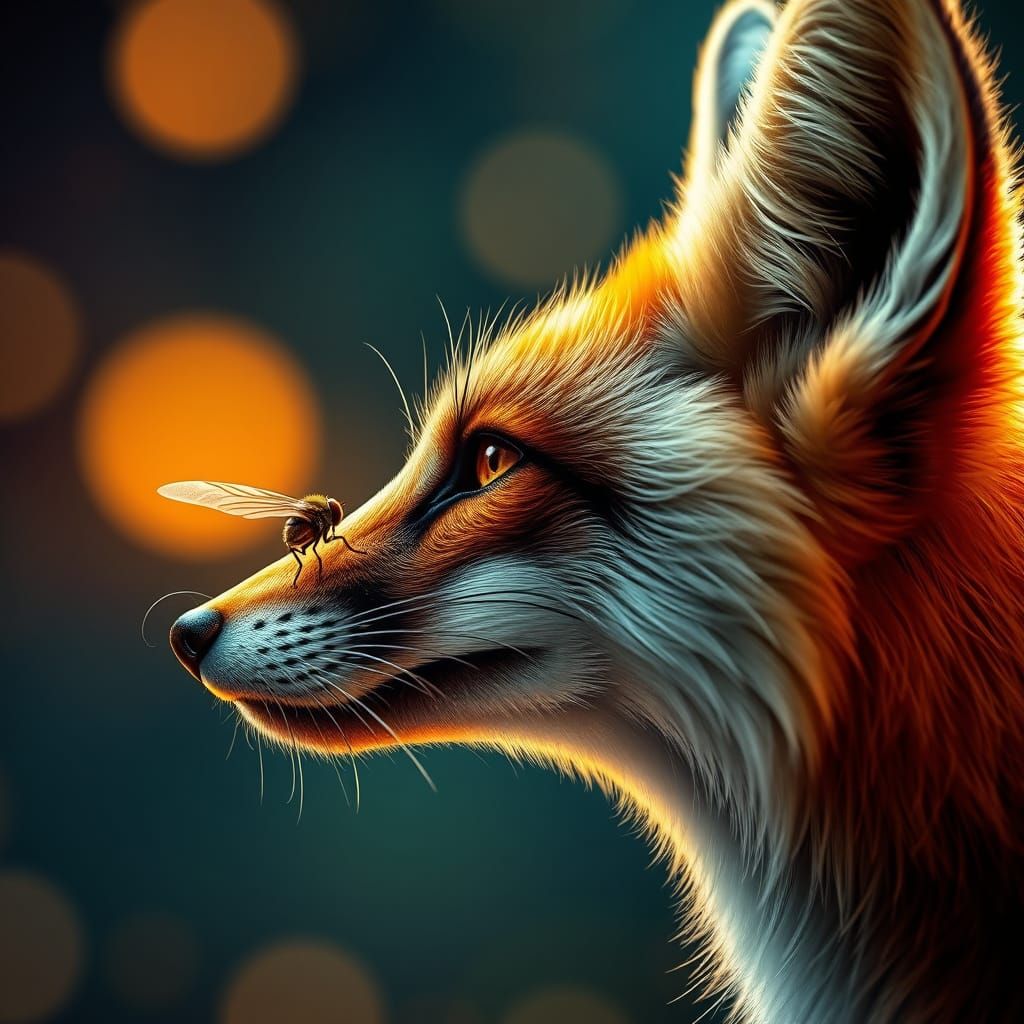 Detailed Fox Portrait with Fly, Backlit