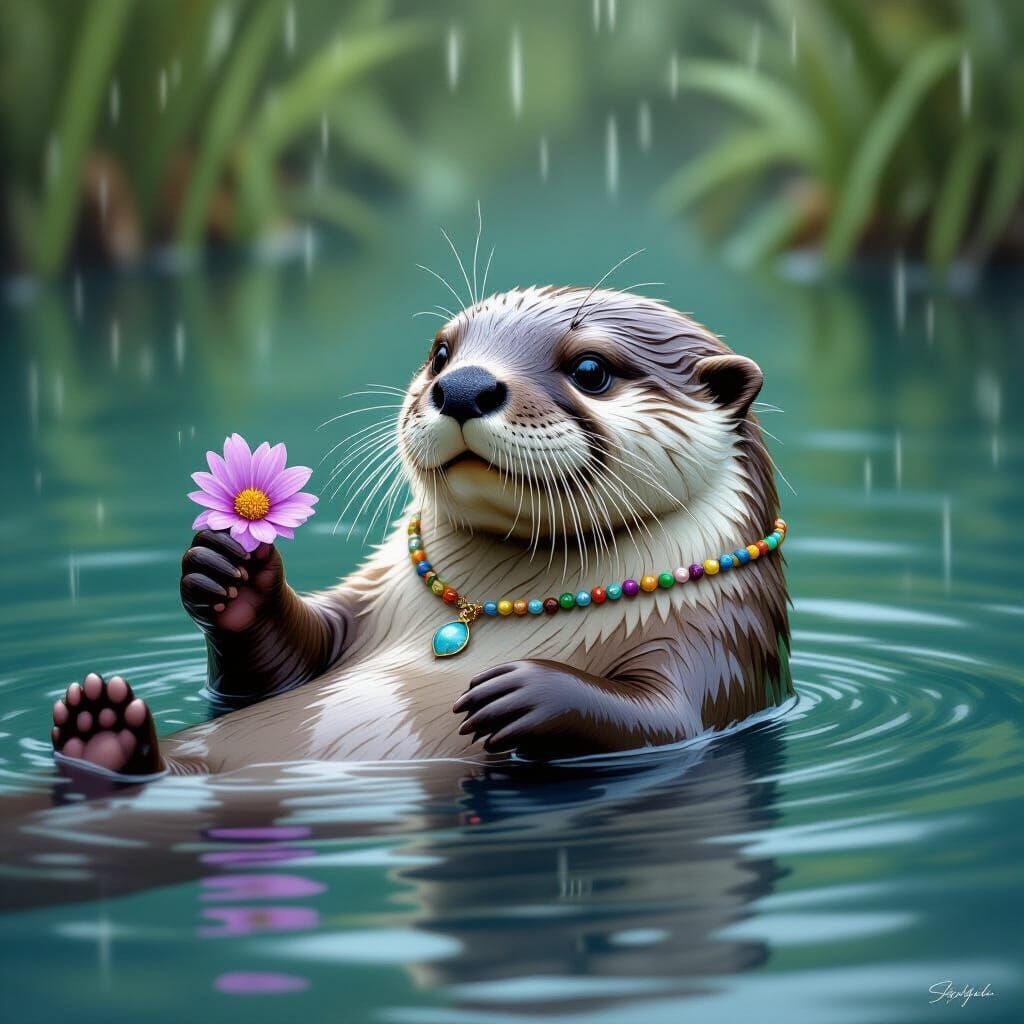 Otter with Flower in Pond, Realistic Wildlife Art