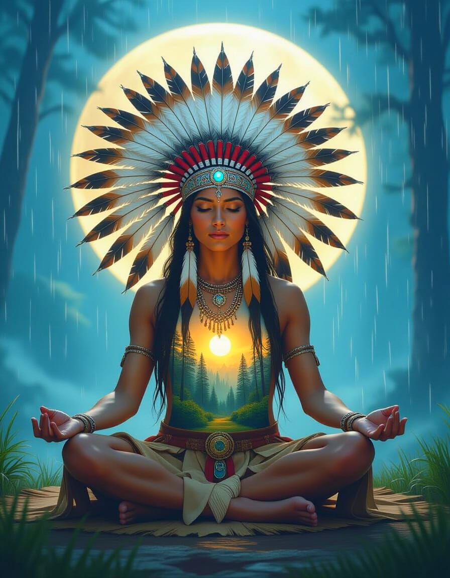 Native Spirit Guide Meditating with Forest Within
