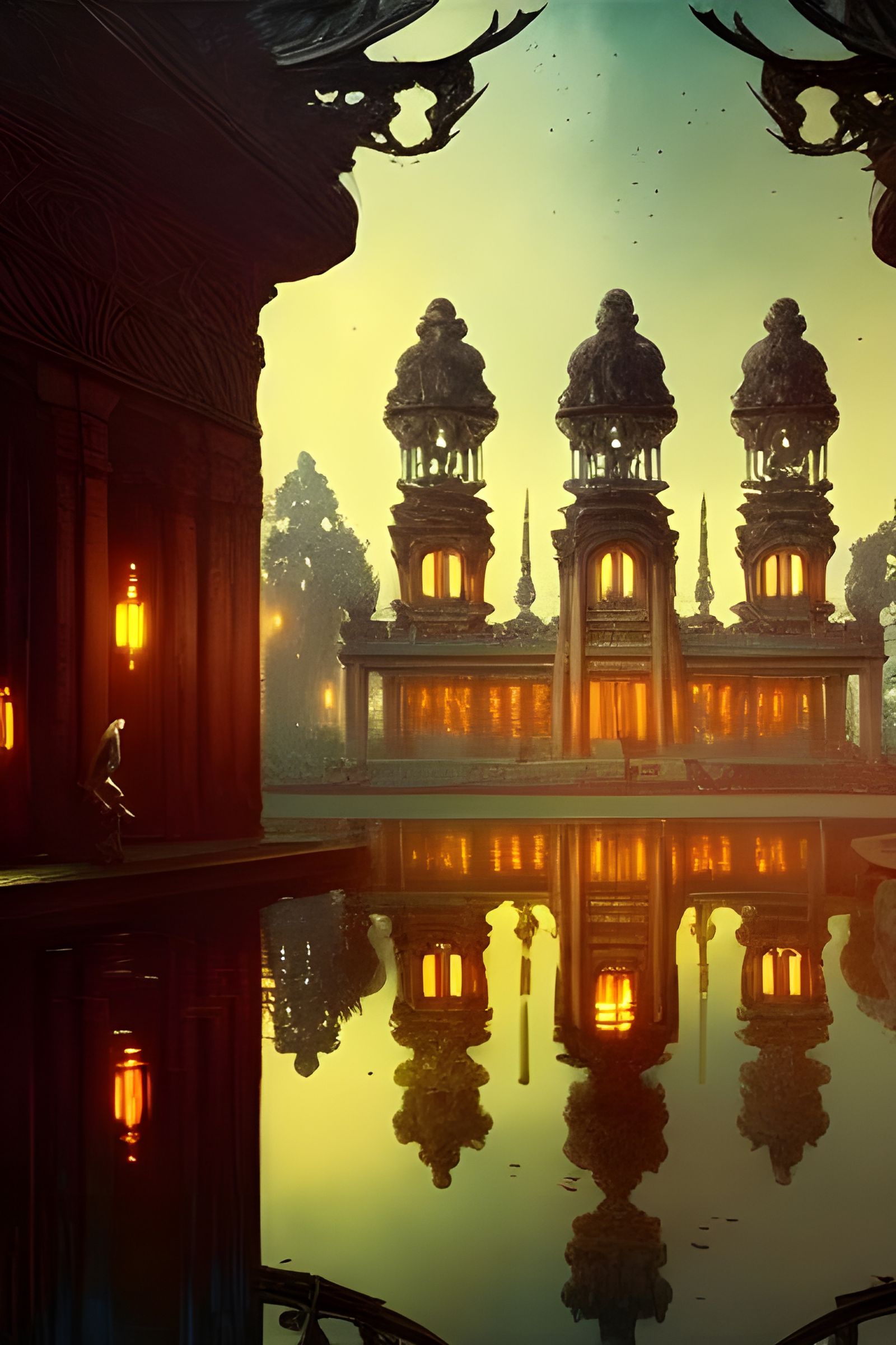 Surreal Horror Temple of Mirror Worlds in Rococo Style