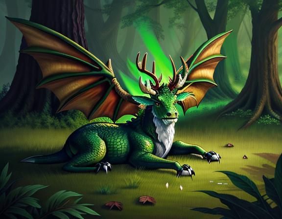 Antlered Dragon Deity in Forest, Magic the Gathering Style