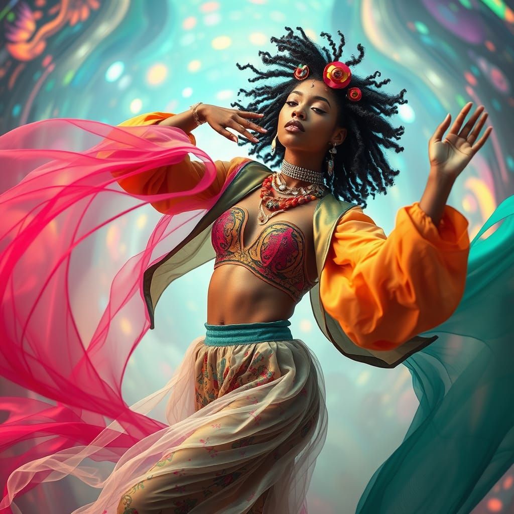 Kaleidoscopic Portrait of Woman in Futuristic Dreamscape