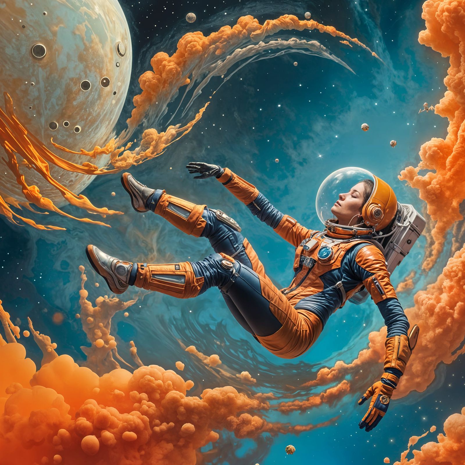 Woman in Spacesuit Floating in Space