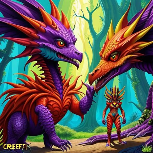 Vibrant Fantasy Creature with Sister