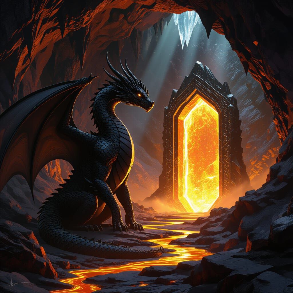 Obsidian Dragon Guarding Crystalline Portal
