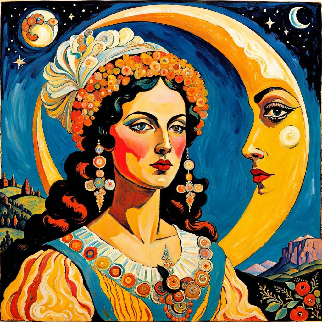 Psychedelic Moon Goddess in Naive Art Style