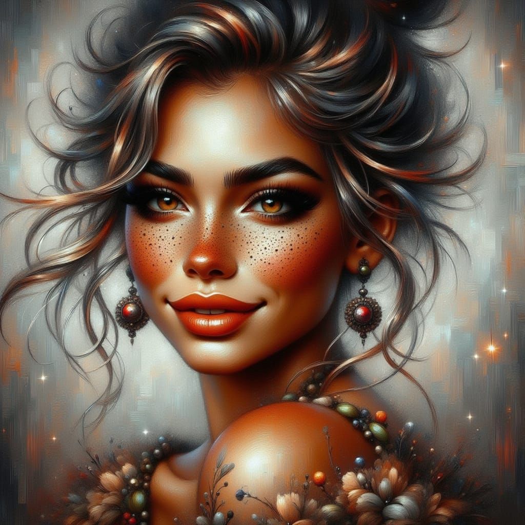 Gorgeous Woman with Freckles in a Moody Glittering Portrait