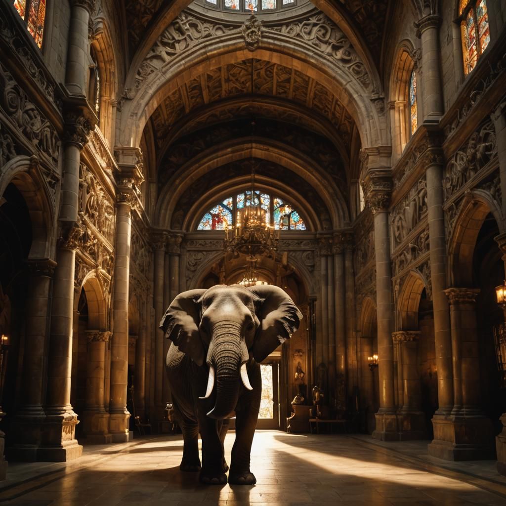 Elephant Charges Through Gothic Baroque Architecture