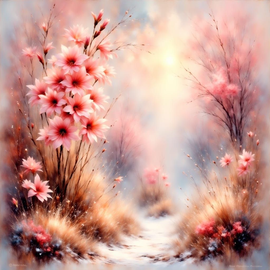 Ethereal Pastel Pink Floral Winter Scene