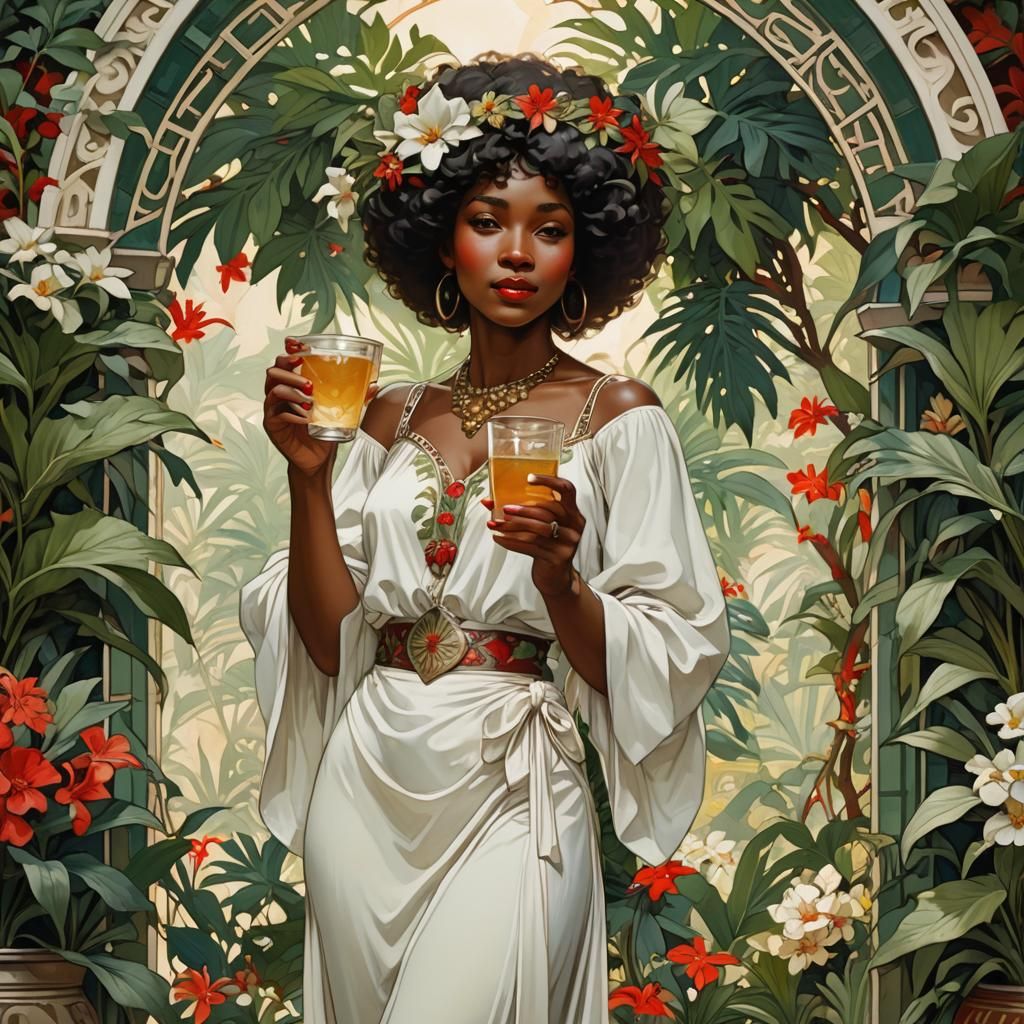 Black Girl with Drink in Art Nouveau Style