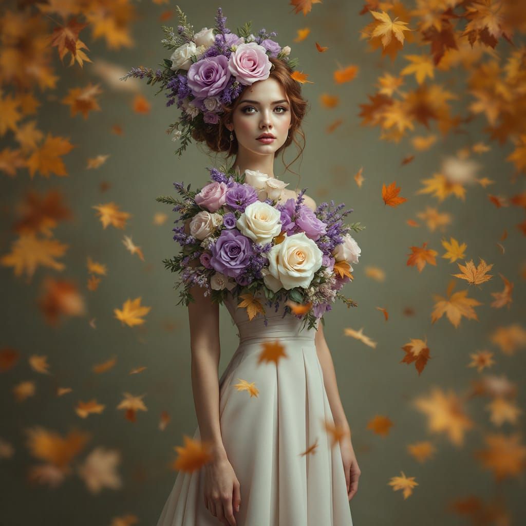 Steampunk Lady with Floral Arrangement and Autumn Leaves