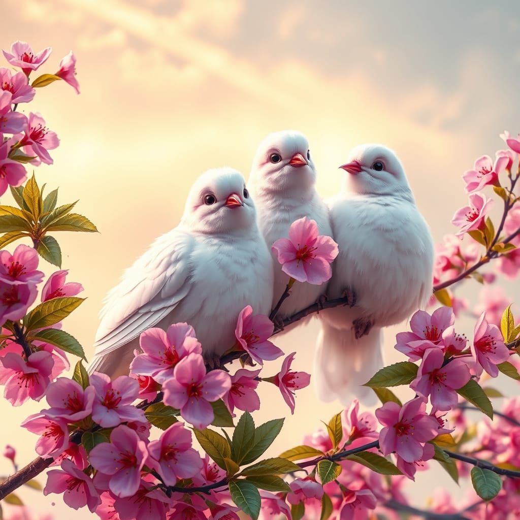 Whimsical Cherry Blossom Scene with Adorable Doves