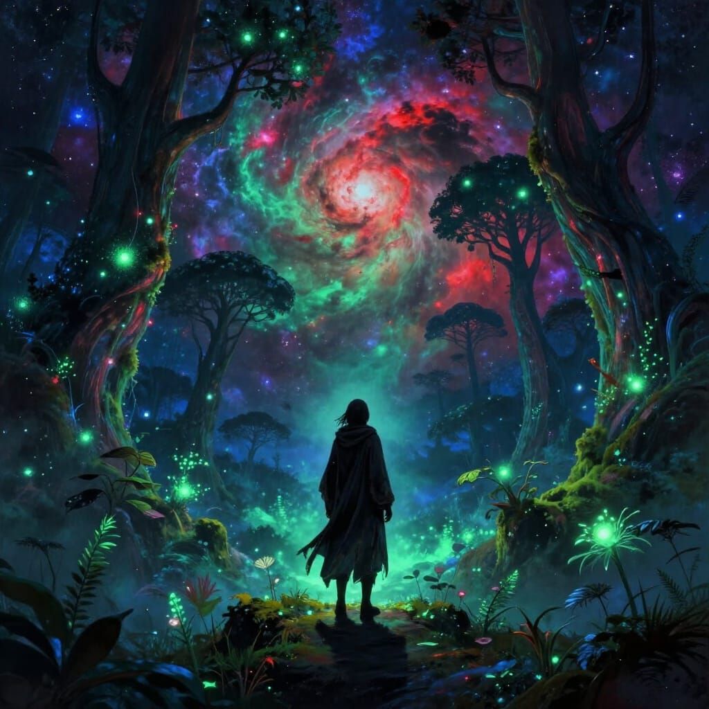 Wanderer Gazes at Bioluminescent Forest and Cosmic Sky