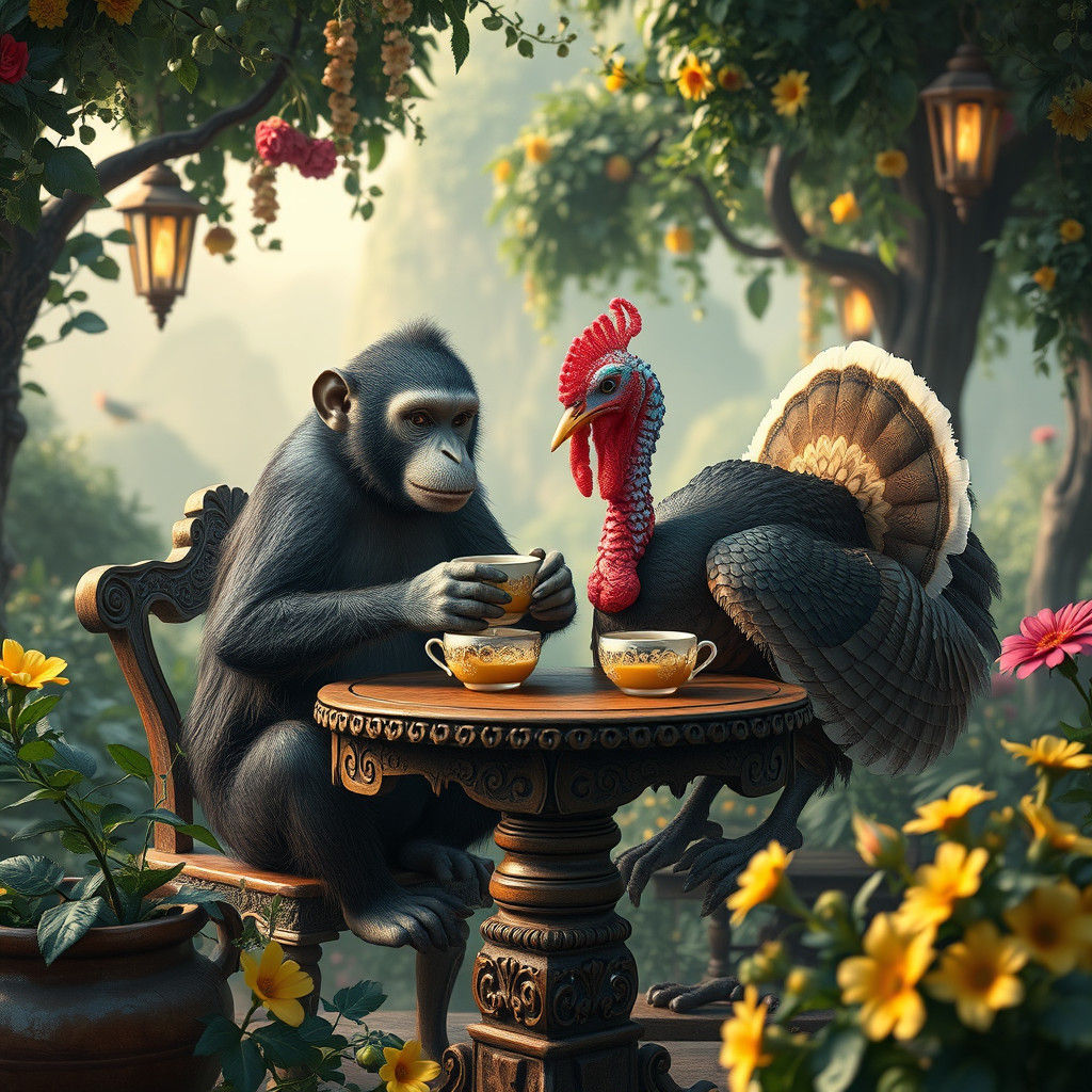 Monkey and Turkey's Coffee Break: Whimsical Fantasy Art