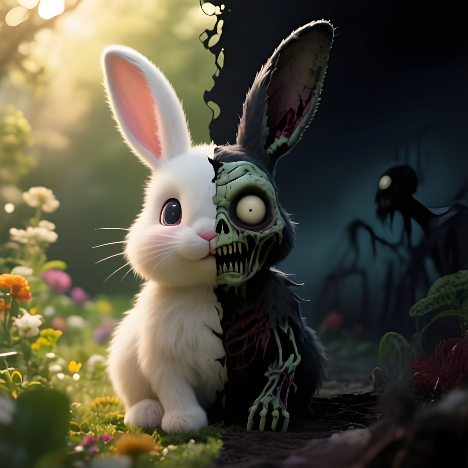 Contrasting Bunny: Cute Garden vs. Dark Zombie