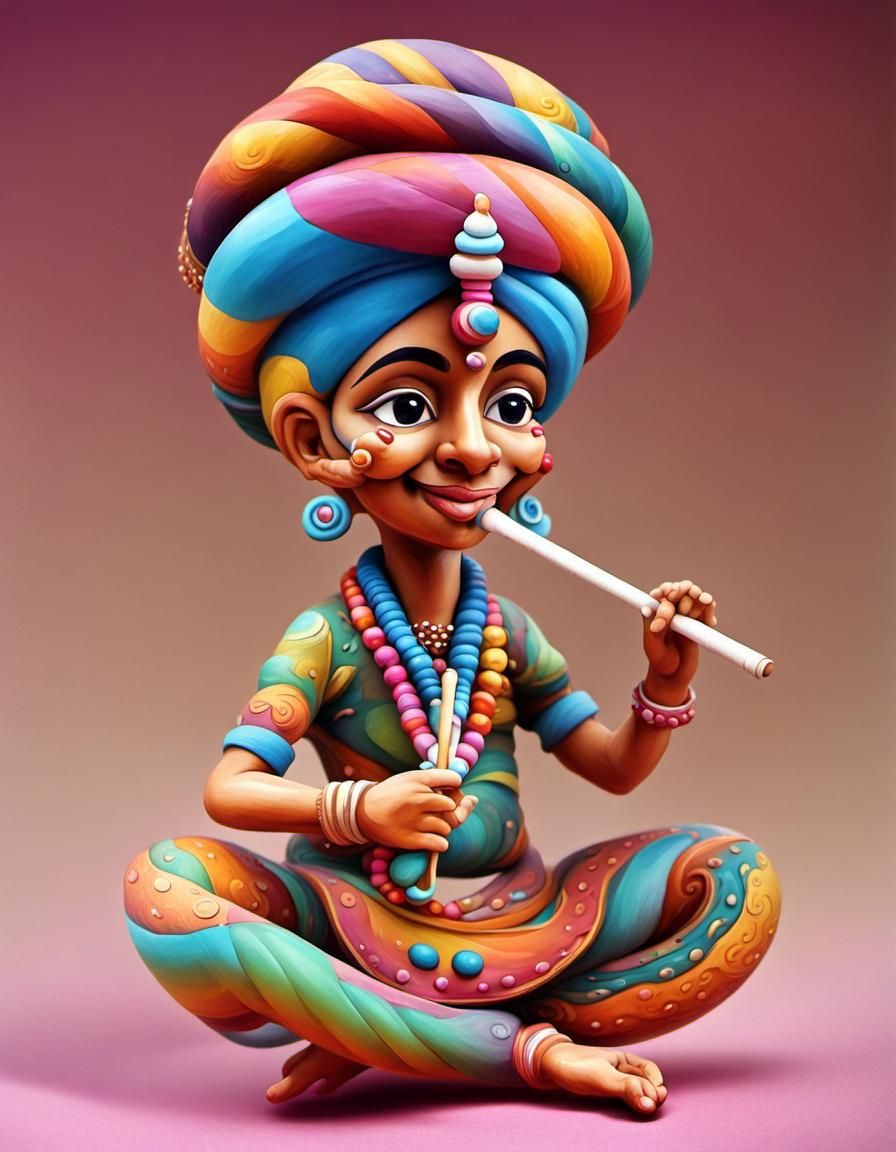 Indian Snake Charmer Bobblehead in Gouache Style