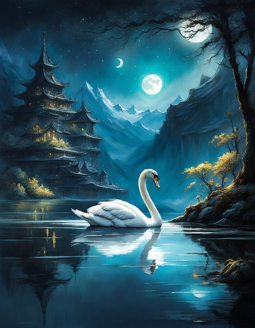 Swan swimming in the moonlight