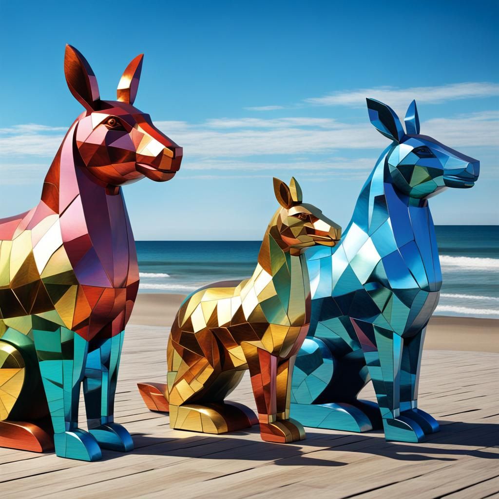 Cubist Metallic Animals on Seashore in Pop Art Style