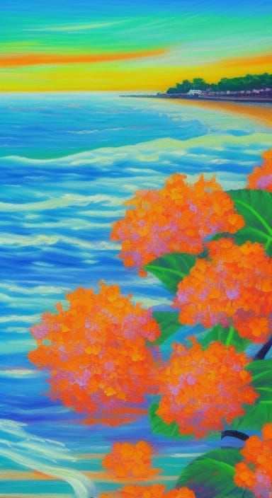 Maryland Beach Sunrise with Hydrangeas, Expressionist Oil Pa...