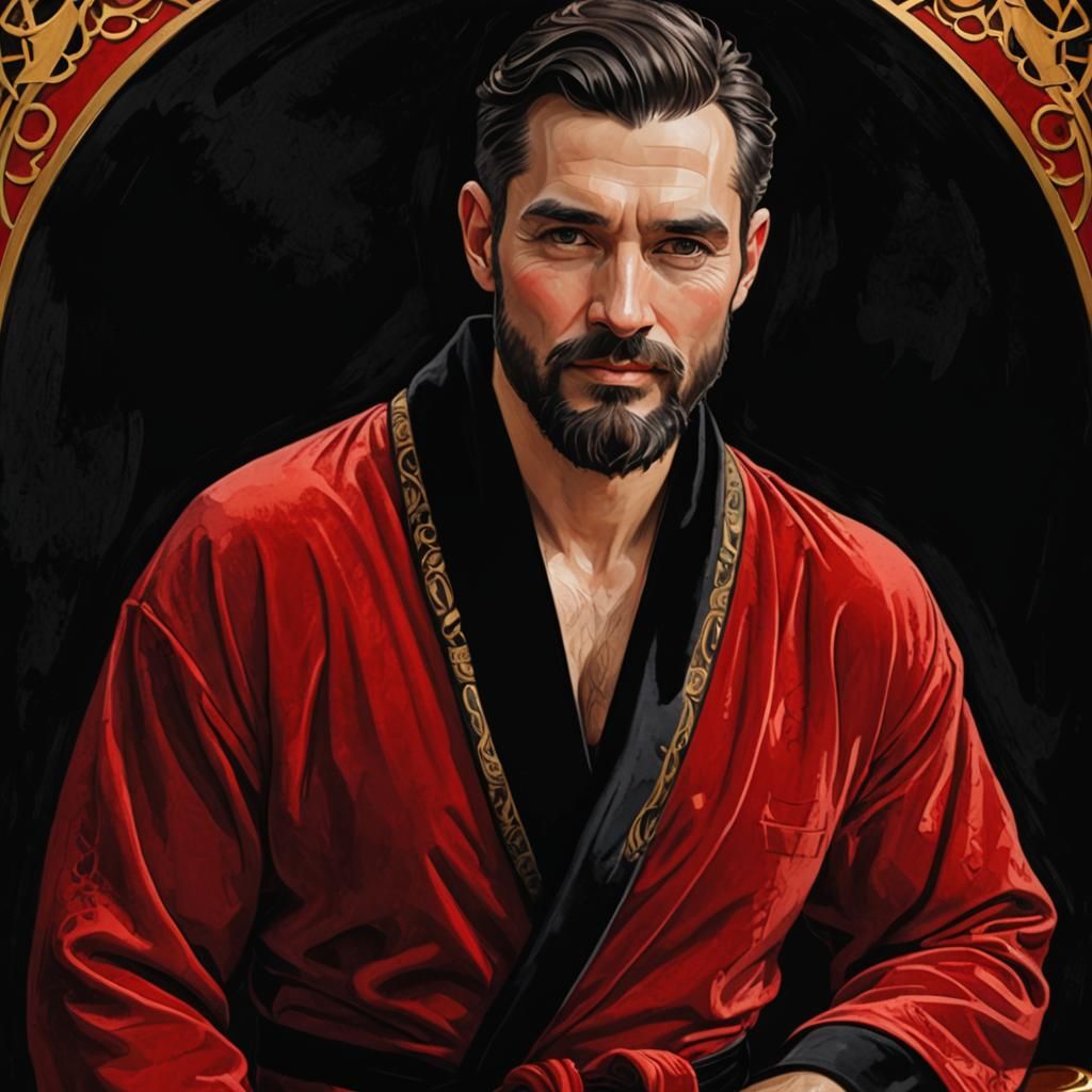 Elegant Man in Red Velvet Robe, Art Nouveau Style