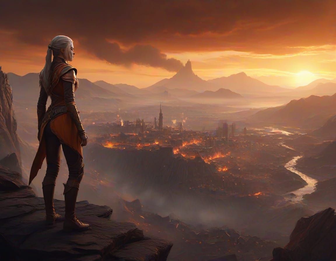 Elf Scout Overlooking Destroyed Town in Golden Light