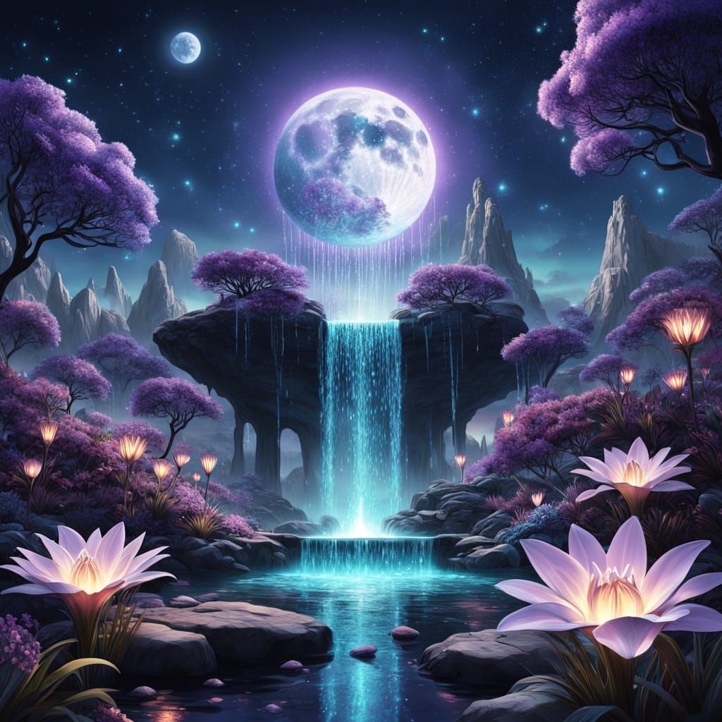 Ethereal Moonlit Diamond Fountain in Surrealist Garden