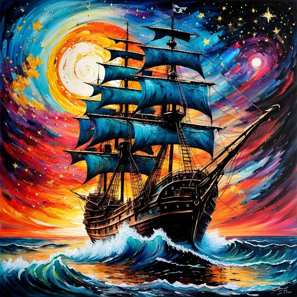 Pirate Ship Sailing on Space Sea: Tachisme Brushwork