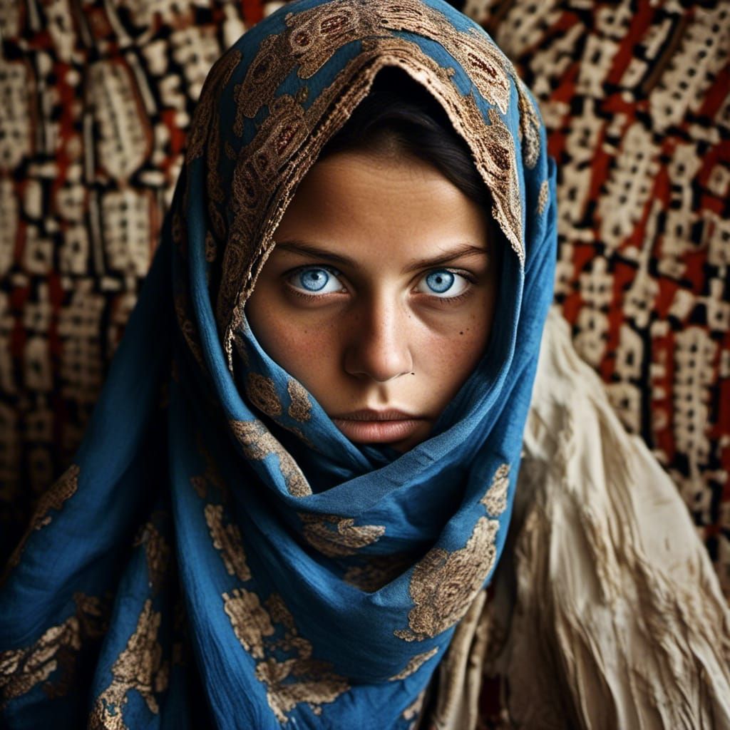 Striking Portrait of Woman with Piercing Blue Eyes