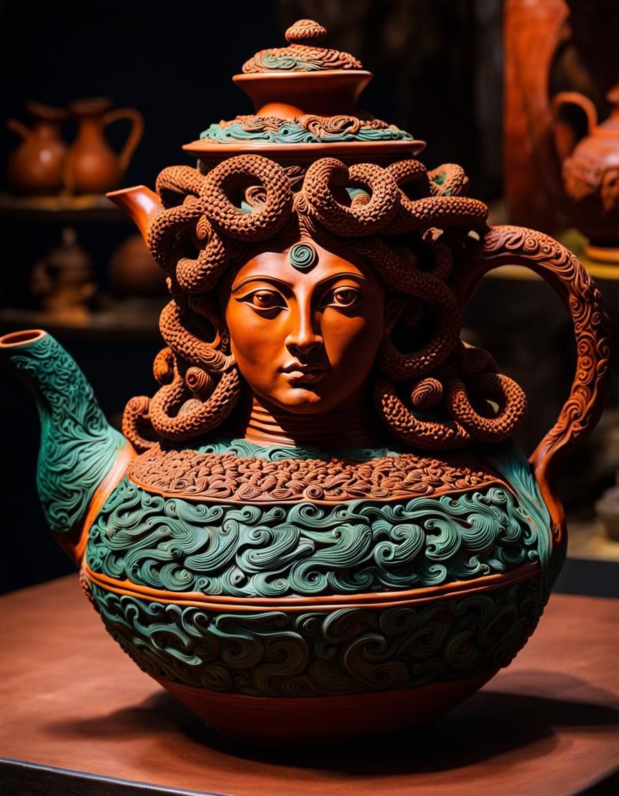 Medusa Teapot: Eccentric Clay Pottery Portrait