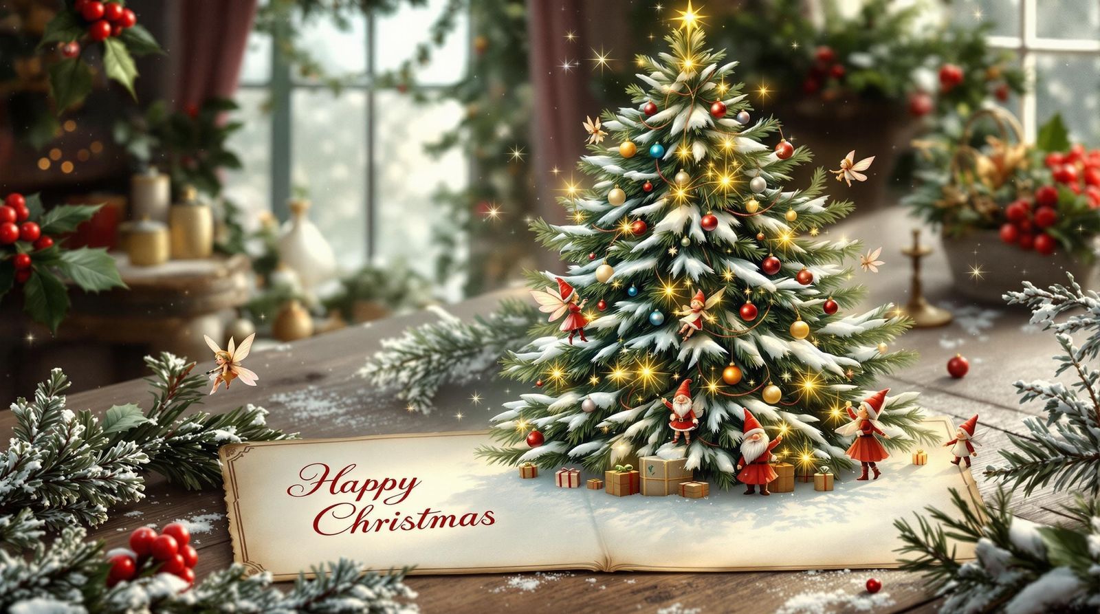 Vintage Christmas Scene with Majestic Evergreen Tree