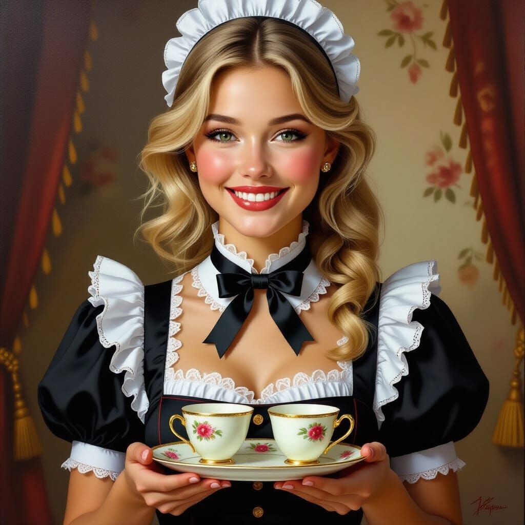 Young French Maid Offers Tea in Luxurious Setting