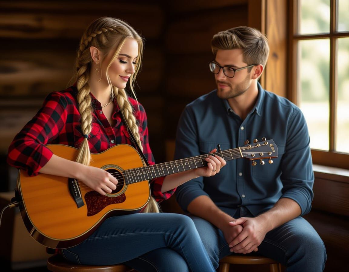 Elf Woman Plays Guitar With Man in Cozy Scene