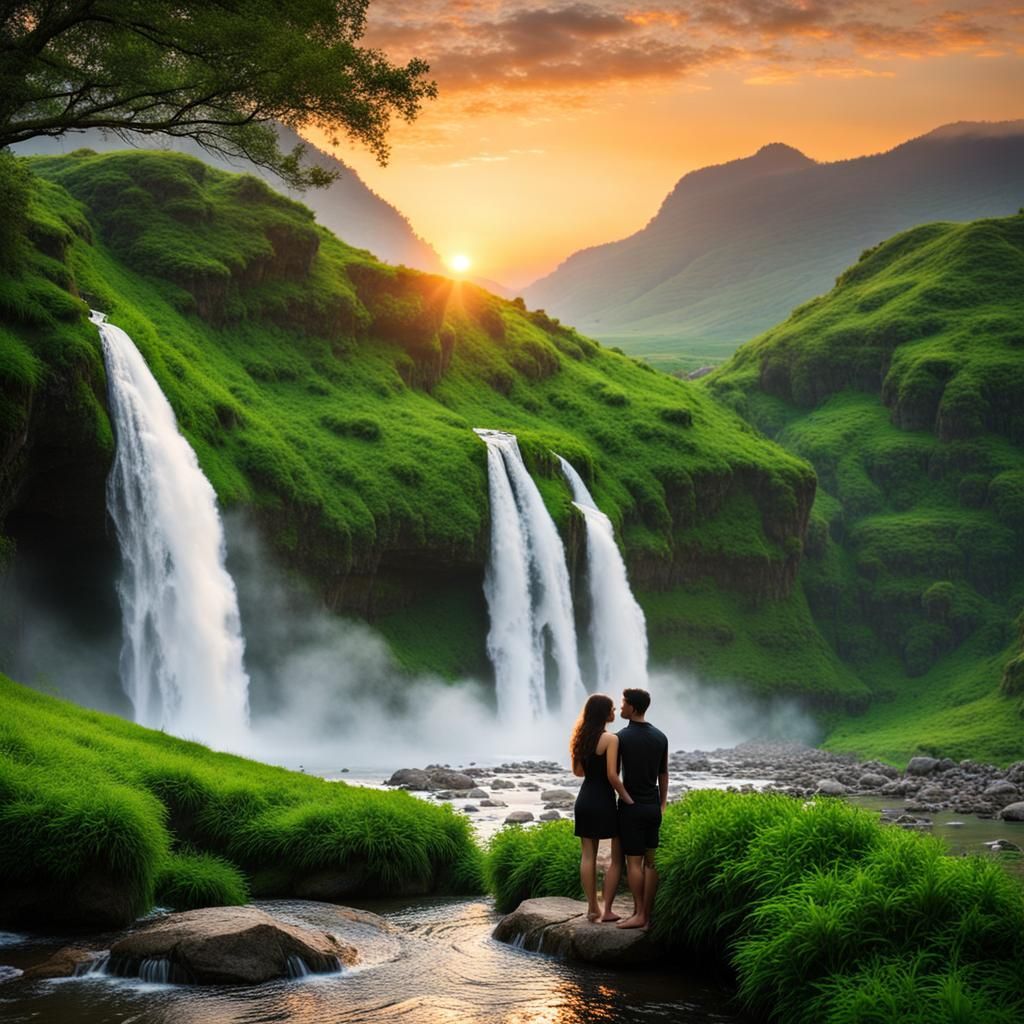 Romantic Sunset at Waterfall with Couple