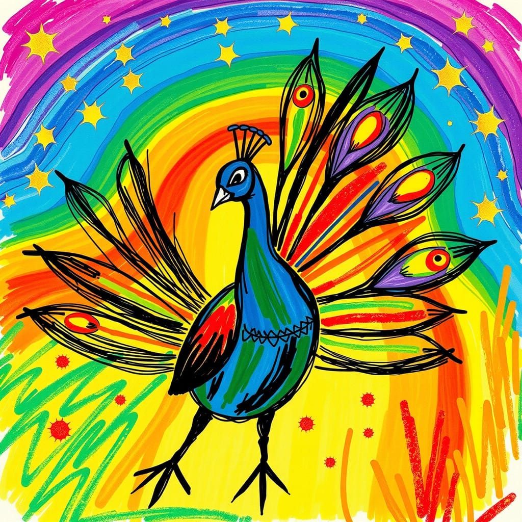 Vibrant Surrealist Peacock in Kaleidoscopic Rainbow Crayon A...