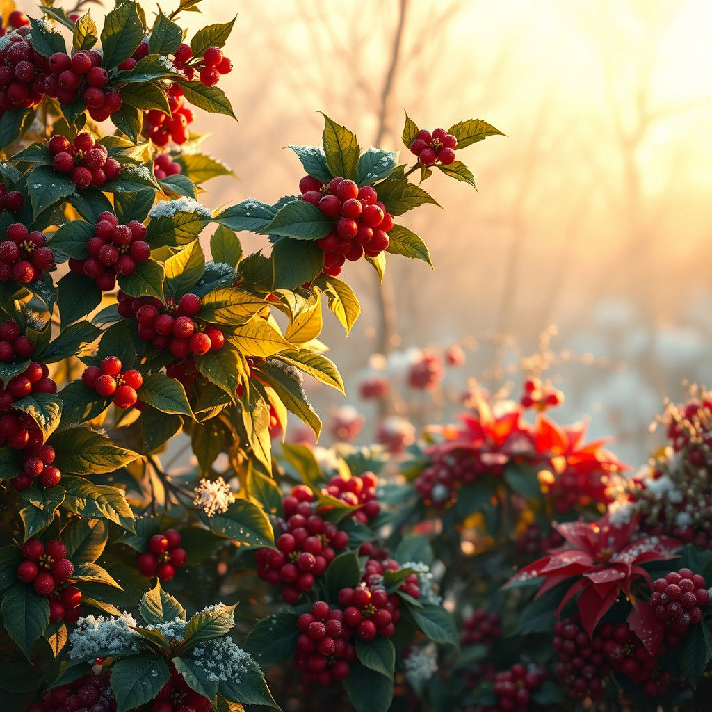 Winter Garden with Poinsettias in Oil Painting Style