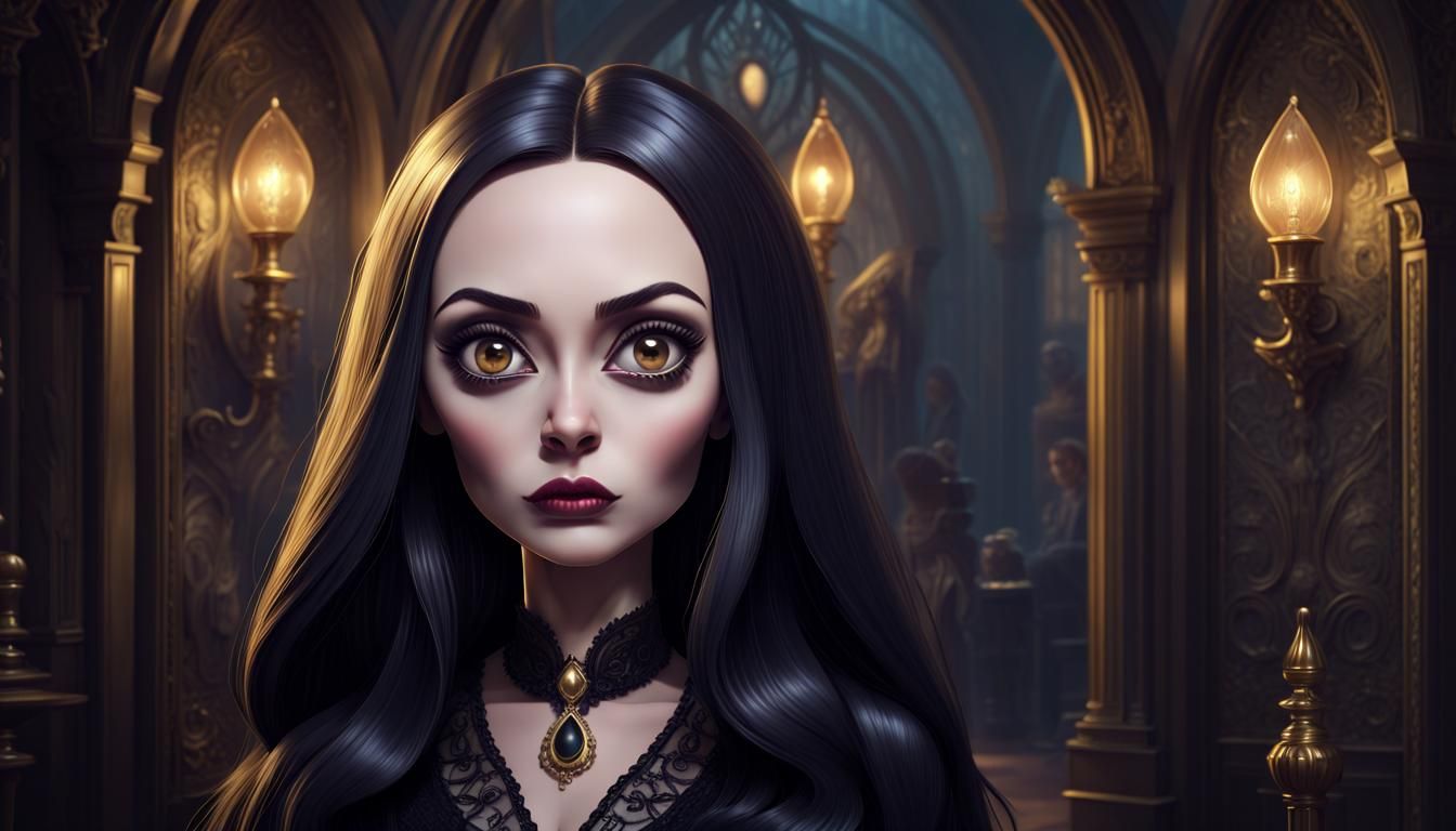 Sinister Morticia Addams Portrait with Volumetric Lighting