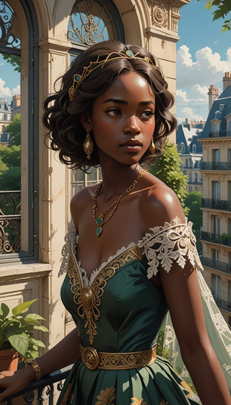 black woman, dressed as a giradois, on the balcony of the apartment