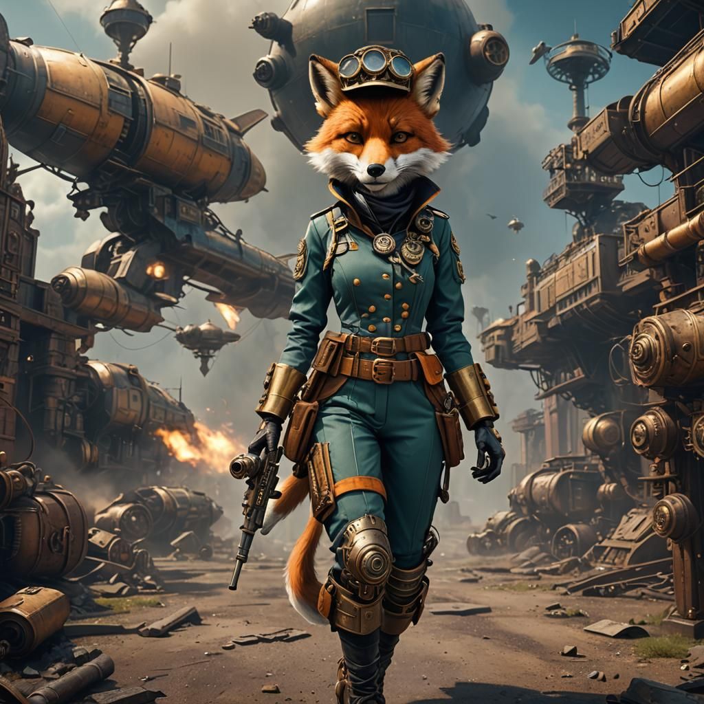 Steampunk Fox in Flight Suit: Detailed Matte Painting
