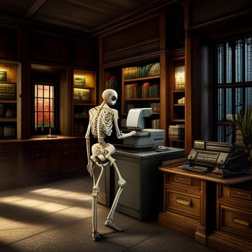 Skeleton at Photocopier: Detailed Fantasy Concept Art