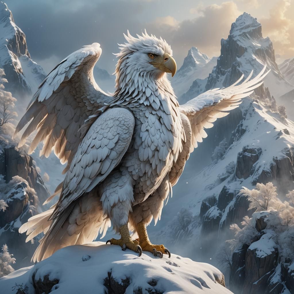 Majestic White Griffin in Snowy Mountain Landscape