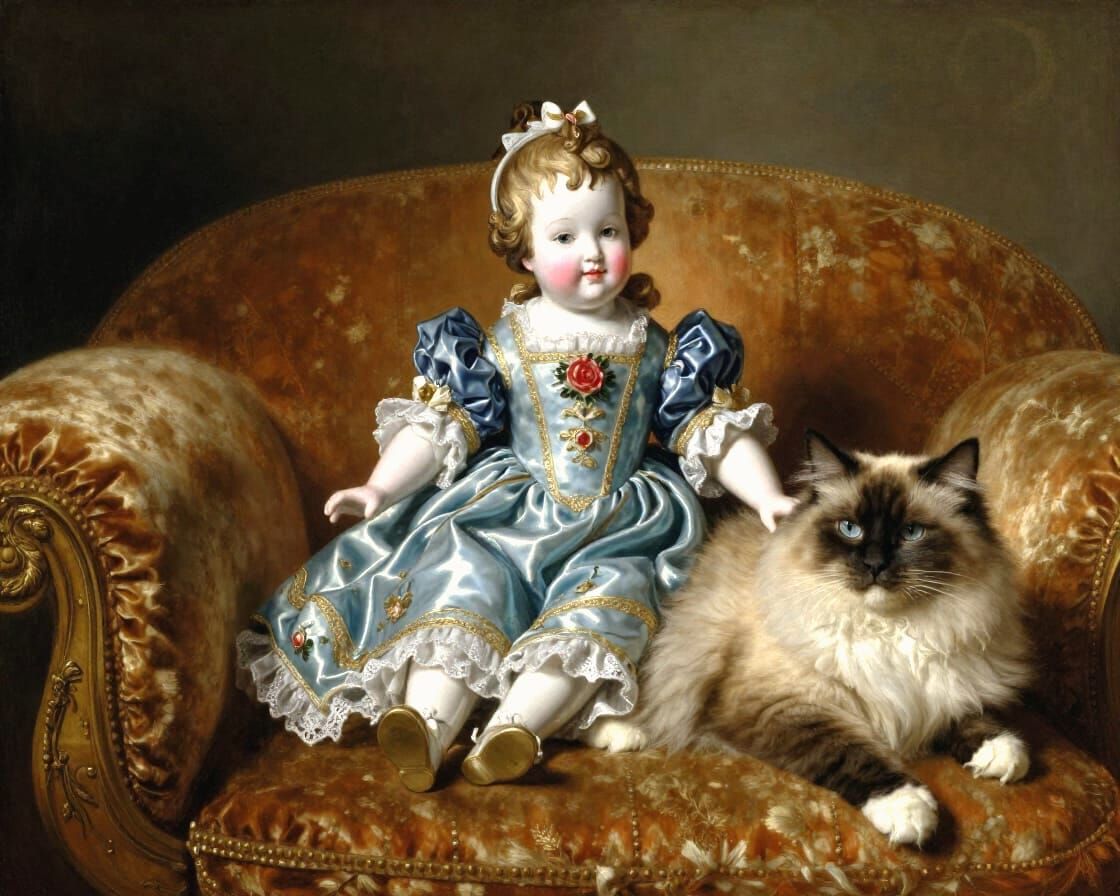 Antique Oil Painting of Cat and Doll on Couch