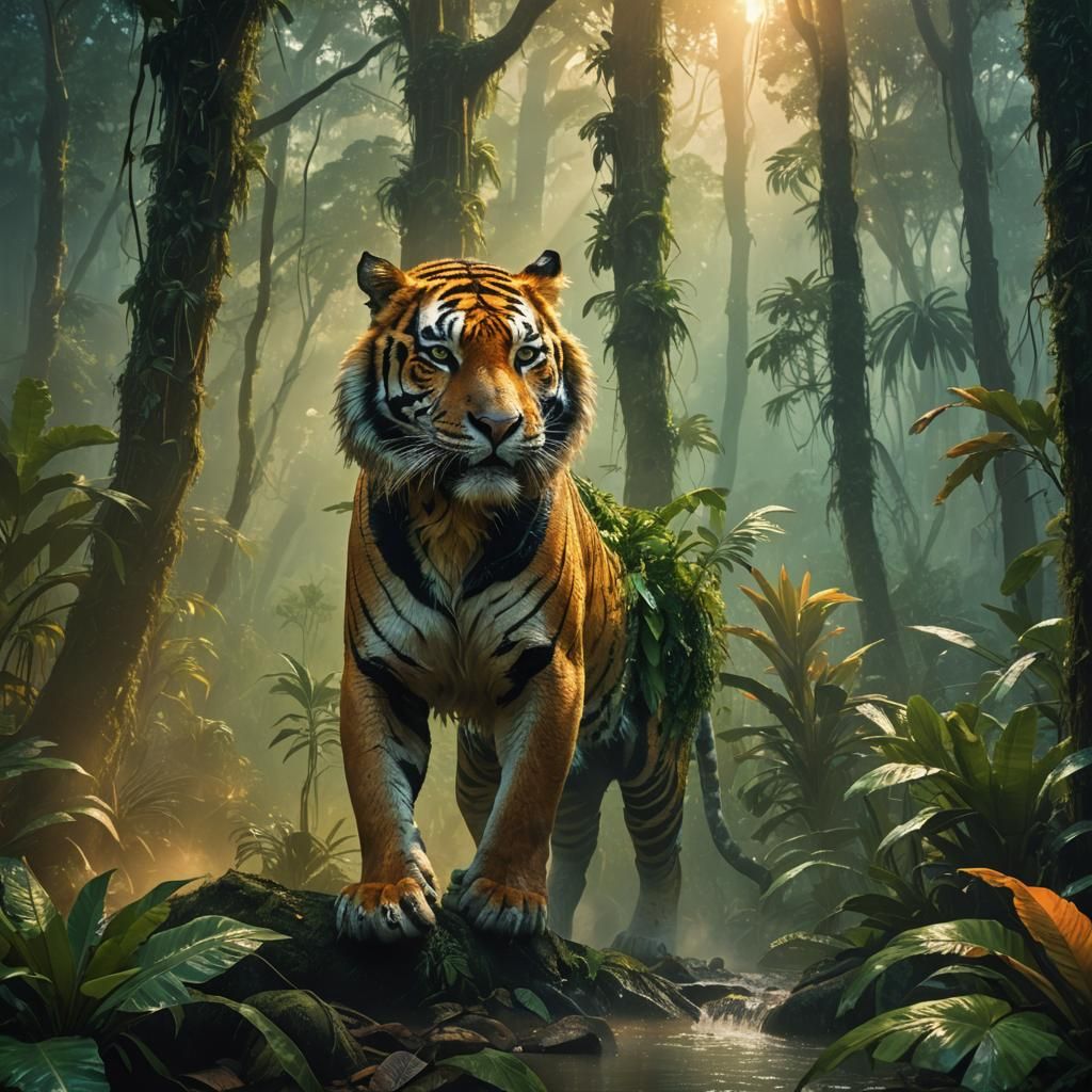 Ryan Reynolds Rides a Tiger Through Amazon: Fantasy Art