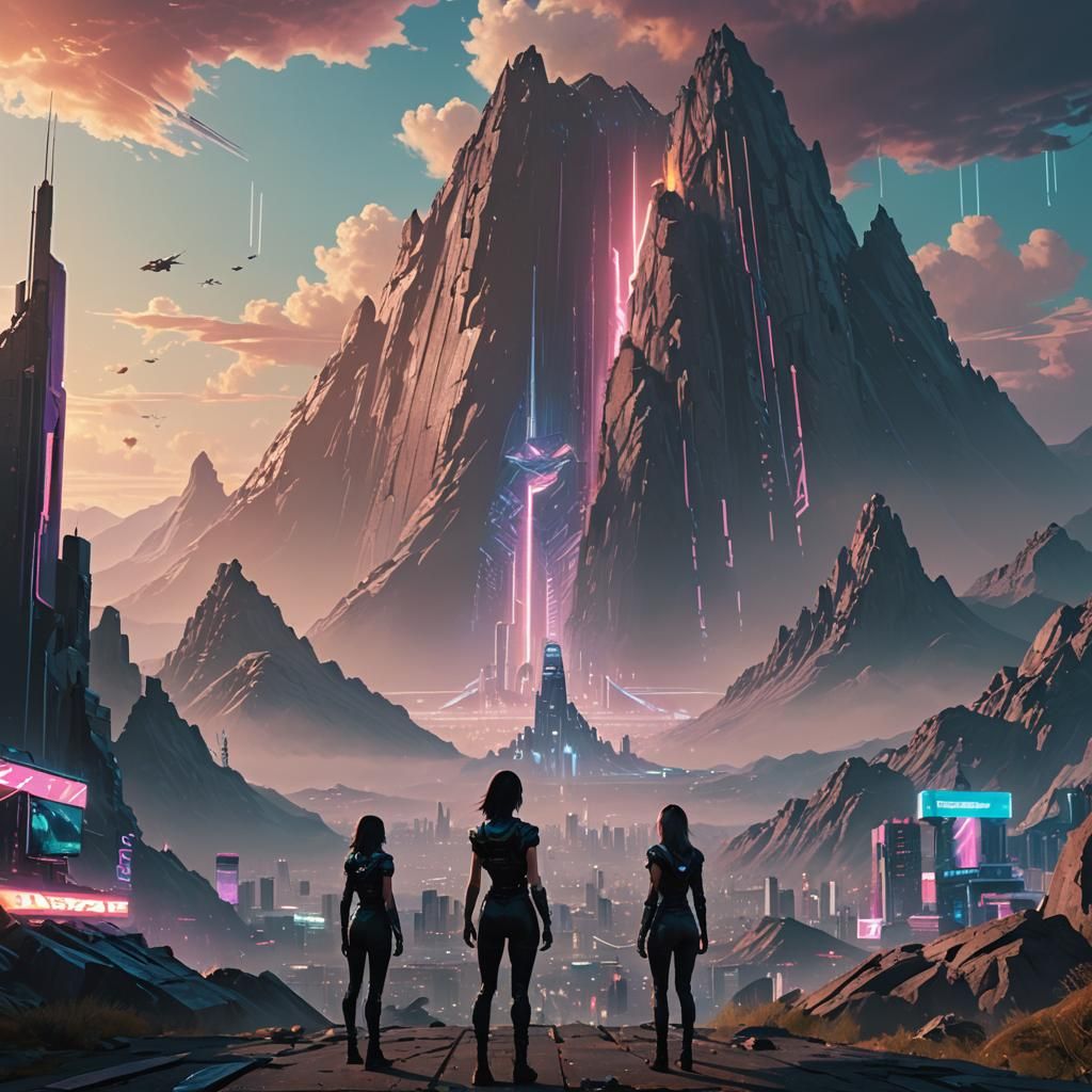 Cyberpunk Women Admire Digital Mountain Vista