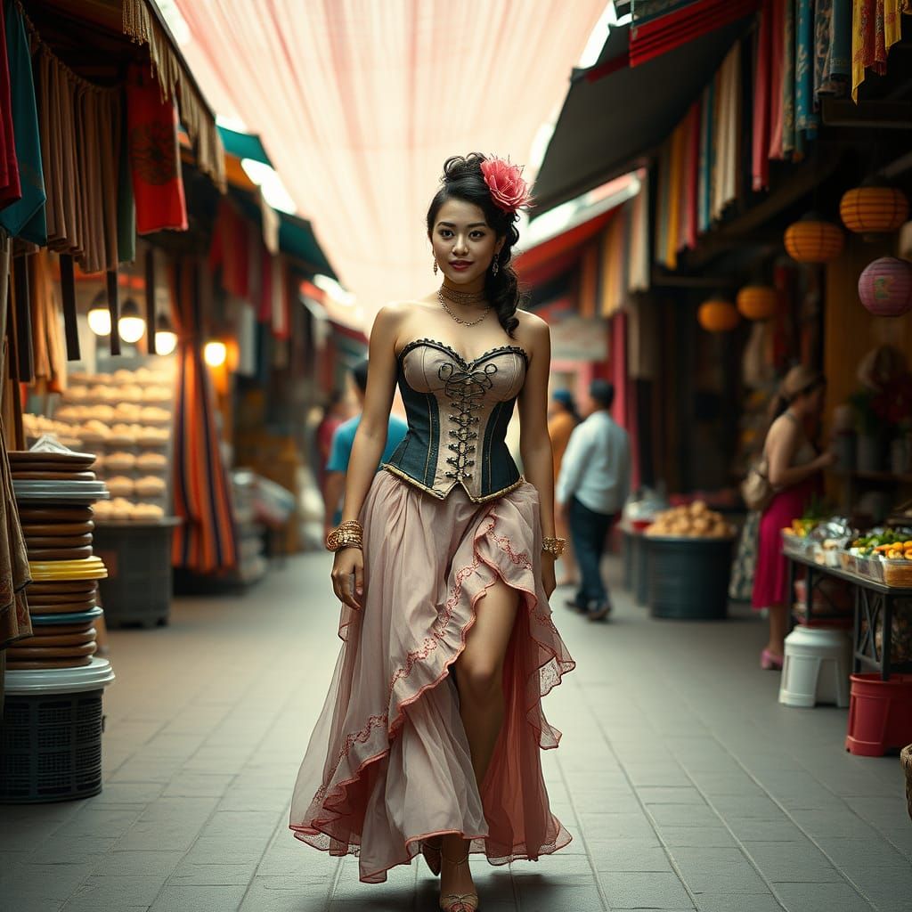 Crossdresser Striding Through Vibrant Marketplace, Cinematic...
