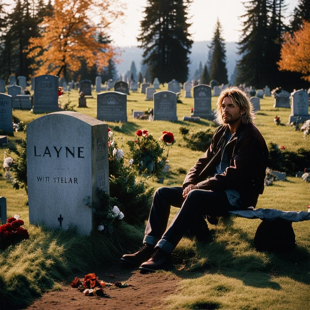 Cinematic Still of Kurt Cobain by Headstone